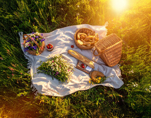 Top-Down View of Rustic Picnic Setup in Meadow with Wicker Basket and Fresh Bread
