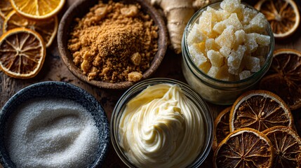 An overhead view of ingredients for spice cake: grated ginger, brown sugar, and whipped butter, styled with dried citrus slices