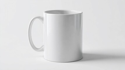 Simple white ceramic mug on a clean white surface, casting faint shadow