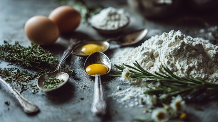 A simple baking prep with cottagecore touch: herbs, vintage spoons, flour, and cracked egg