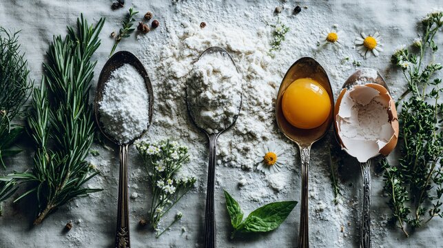 A simple baking prep with cottagecore touch: herbs, vintage spoons, flour, and cracked egg - Powered by Adobe