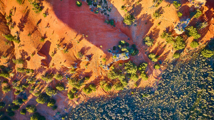 Aerial Red Canyon Hoodoo Formations and Vegetation Top Down View