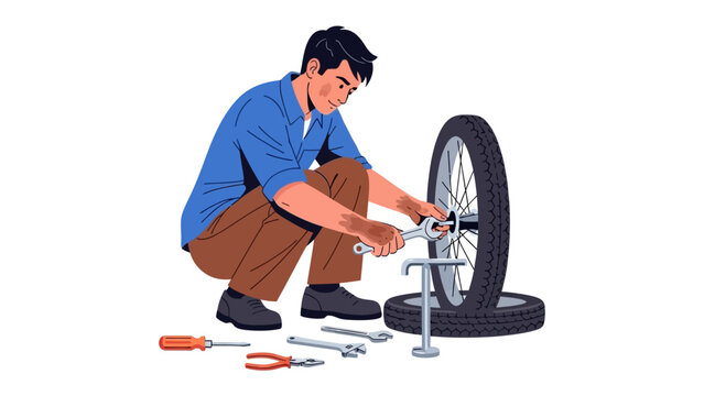Mechanic Repairing Wheel: A diligent mechanic focuses on the repair of bicycle wheel, showcasing attention to detail, precision, and the art of technical maintenance.