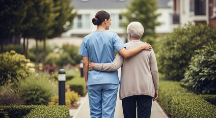 Obraz premium Healthcare worker with elderly woman on sunny path, senior support concept for eldercare advertising, hospital and clinic websites, senior living facilities, family care services, healthcare brochures