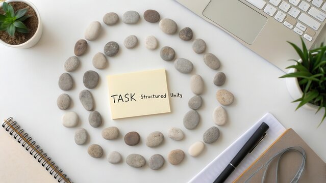 Calm Workspace with Stones and Task Note for Productivity Enhancement