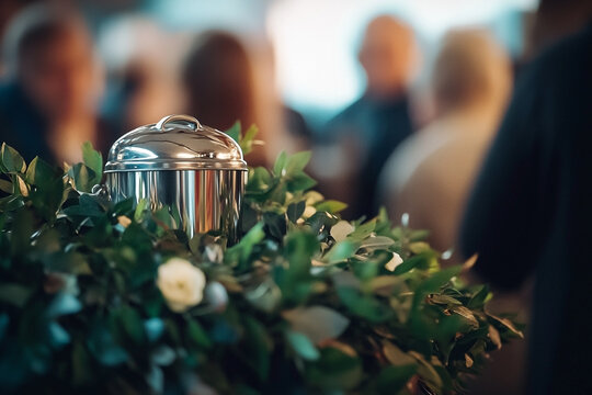Elegant metallic urn amidst botanical wreath at a commemorative event - Powered by Adobe