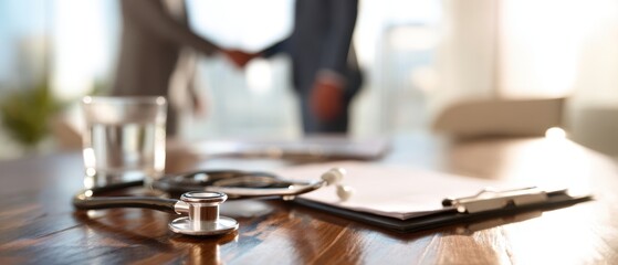 The stethoscope on a clipboard with professionals shaking hands in blurred medical office