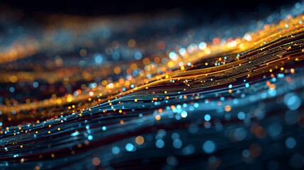 Dynamic abstract digital wave of glowing particles and data streams illuminating a futuristic technological landscape with vibrant bokeh effects