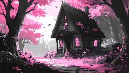 Pink whimsical house in forest