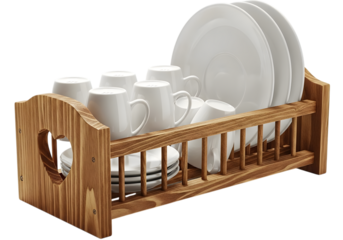 Rustic wooden dish rack with heart cutout holds white plates and mugs, isolated on transparent background