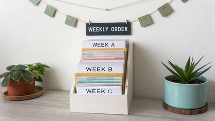 Organized Weekly Planner with Decorative Card Display and Houseplants