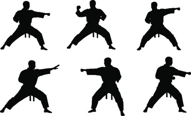 Silhouette Vector of Male Martial Artist Performing Karate Punch and Defense Poses, Isolated for Combat Sports and Fitness Design