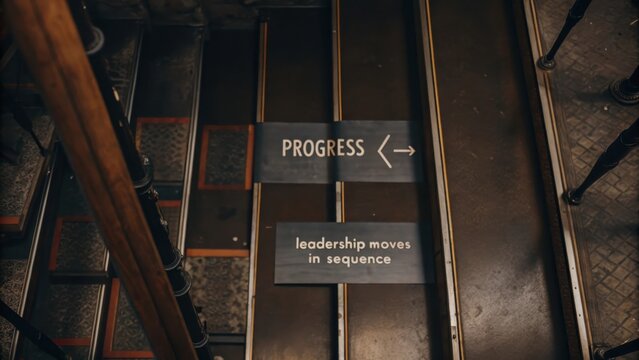 Directional Signs on Staircase Indicating Progress and Leadership Steps