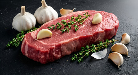 raw beef steak with garlic cloves and thyme on a dark charcoal background.