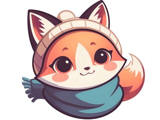 Fototapeta premium Cute kawaii fox character wearing winter hat and scarf, smiling with rosy cheeks. Cartoon mascot design on isolated background for stickers and merchandise.