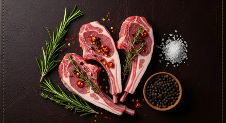 Freshly cut raw beef steak with garlic cloves and thyme on a dark charcoal background.