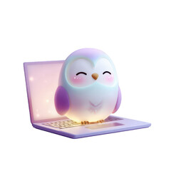 Cute animated owl character with glowing features sitting on a laptop, representing technology, wisdom, and fun in a whimsical and vibrant digital illustration setting.