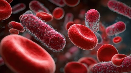 Pathogenic bacteria in the bloodstream with red blood cells illustrating the concept of septicemia and sepsis.