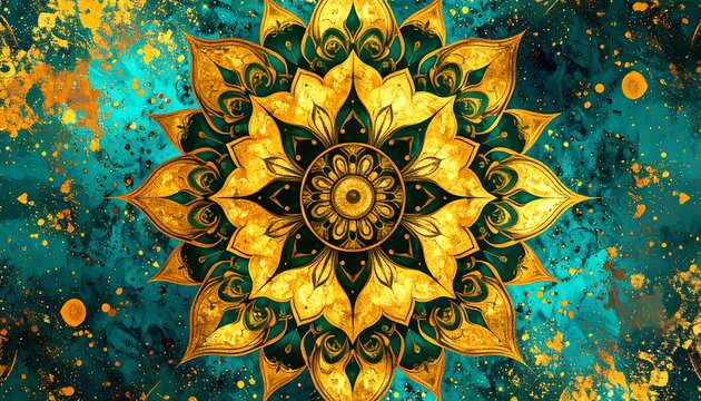 Abstract mandala design with teal and gold - Powered by Adobe