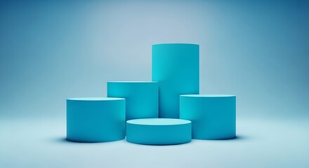 Group of five light blue cylindrical podiums on a light blue background