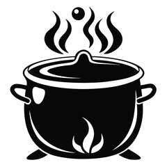 Simple Black and White Illustration of a Steaming Pot with Flame Design