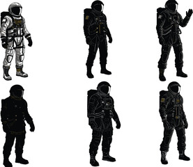 Fototapeta premium Vector illustration of astronauts wearing space suits with helmets and backpacks standing in different poses isolated on white background.