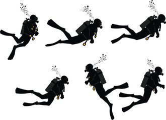 Vector illustration of scuba divers underwater swimming with diving gear and oxygen tanks in various poses isolated on white background.