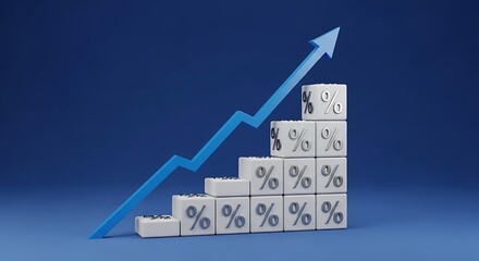 Fototapeta premium Growth chart with percentage blocks and upward arrow on blue background