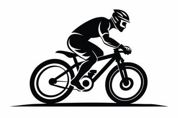Silhouette of Cyclist Riding a Mountain Bike, Wearing Helmet and Protective Gear, Sport