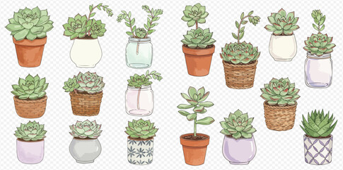 A collection of hand-drawn green succulent plants in various decorative pots, jars, and baskets.