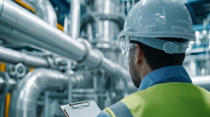 Medium wide shot of engineer inspecting SAF biofuel refinery pipelines, safety helmet and clipboard visible.