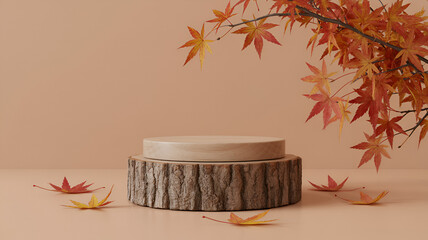 autumn background with wooden podium and falling maple leaves, natural seasonal scene for product display, rustic wood texture with warm colors and minimal fall composition