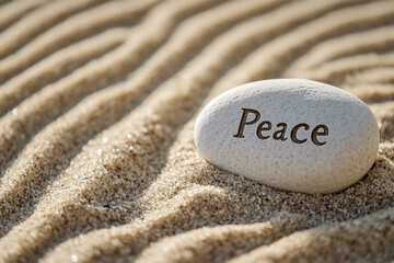 Obraz premium Tranquility Embodied: Peace Stone on Serene Sandscape, A Moment of Zen