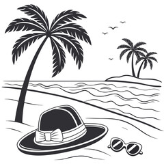 Tropical beach with palm trees hat and sunglasses on the sand ocean water