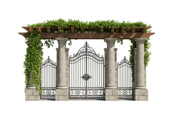 Fototapeta premium Ornate garden gate with climbing ivy isolated on transparent background for landscaping