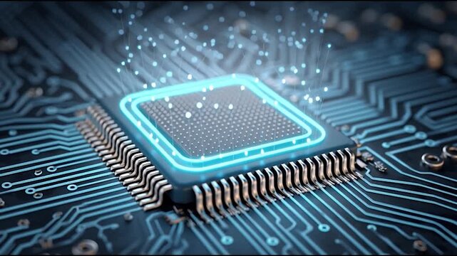 A close-up view of a microprocessor on a circuit board, showcasing intricate patterns and connections with a glowing outline.