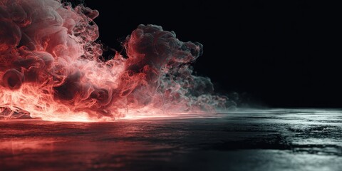 This is a dramatic abstract image featuring swirling red smoke against a black background. The smoke billows and forms ethereal shapes, illuminated from within, creating a sense of.