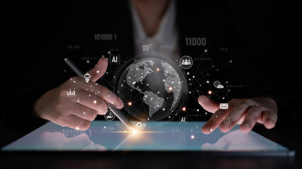Global AI-powered digital network ecosystem connecting data, finance, analytics, ecommerce,...