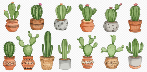 A charming watercolor collection of various green cacti and succulents in decorative pots, isolated on a transparent background.