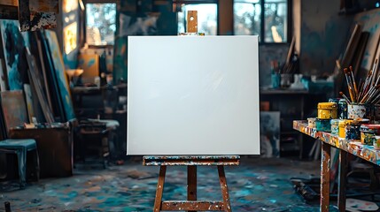 Empty white canvas on wooden easel in atmospheric art studio with painting supplies, brushes and paint jars scattered around in moody lighting.