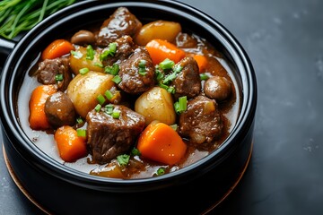 Hearty beef stew with tender meat chunks, carrots, and potatoes in rich brown gravy, garnished with fresh herbs, served in black bowl on dark background.