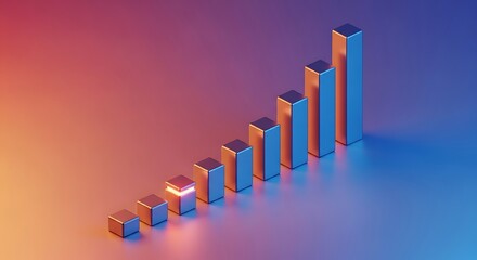 3d metallic bar chart showing upward trend with gradient lighting