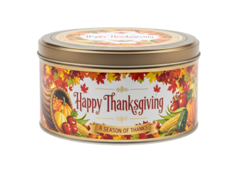 A decorative happy thanksgiving tin with autumn leaves and harvest bounty isolated on transparent background