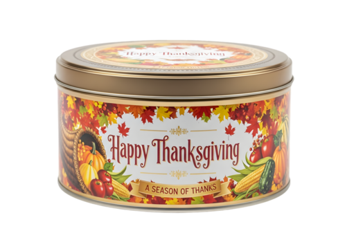 A decorative happy thanksgiving tin with autumn leaves and harvest bounty isolated on transparent background