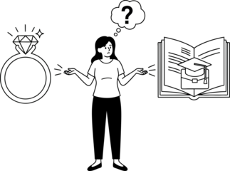 Thinking woman icon contemplating marriage and education options, displaying indecision with thought bubbles above head. Perfect for relationship or career concepts.