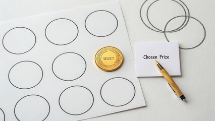 Select Prize Game Setup with Tokens and Pen on Table Surface