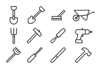 Obraz premium Farm Tools Outline Icons. Outline icon set of farm tools and equipment: shovel, hoe, rake, wheelbarrow,