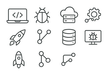 Software Tools Icons. Outline icon set of software tools for launch: code editor, bug tracker, cloud server,