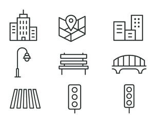 Urban Architecture Icons. Outline icon set of Urban architecture: skyscraper, city map, building blocks,