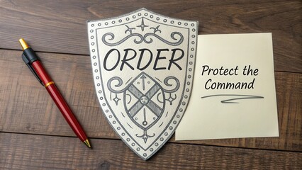 Shield with Order Sign and Note on Wooden Table Background